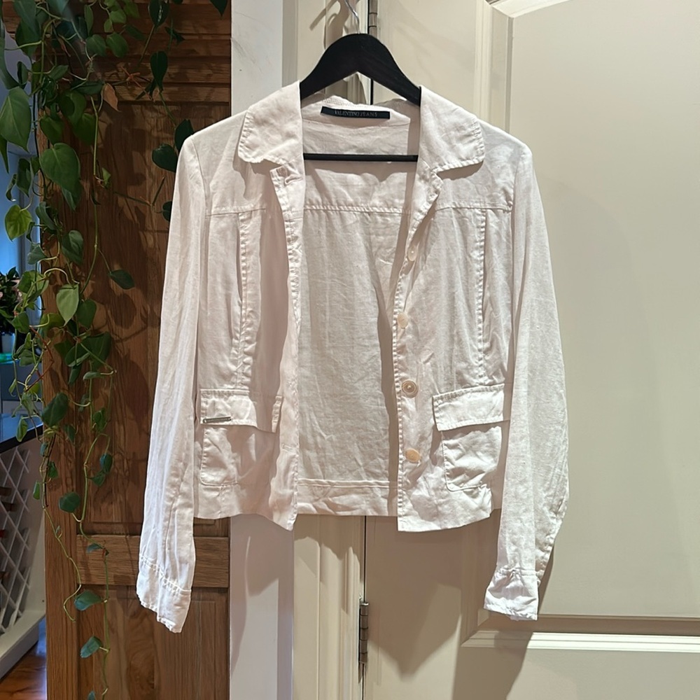 VTG VALENTINO JEANS 100% white button up linen blazer sz 40